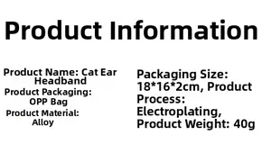 Especificaciones detalladas del producto para la diadema de orejas de gato en aleación