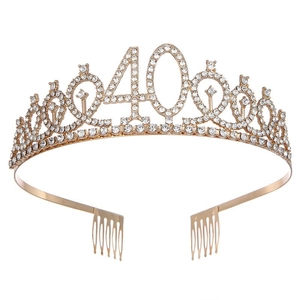 Couronne d'anniversaire dorée scintillante 40 ans avec strass et peignes à cheveux