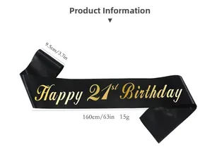 Détails de l'écharpe Happy 21st Birthday noire et dorée de 9,5 cm avec dimensions