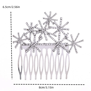 Peigne à cheveux mariée argenté avec flocons en cristal, dimensions 8cm x 6,5cm