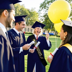 Detail of black satin sash with golden THE GRADUATE lettering and graduation icons