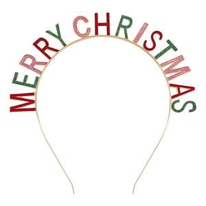 Détail du serre-tête doré avec inscription Merry Christmas pailletée en rouge et vert