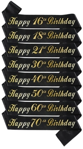 Détail de 8 écharpes d'anniversaire en satin noir et or avec les âges marquants de 16 à 70