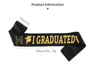 Close-up of black graduation sash with Class of 2025 gold text and icons for parties