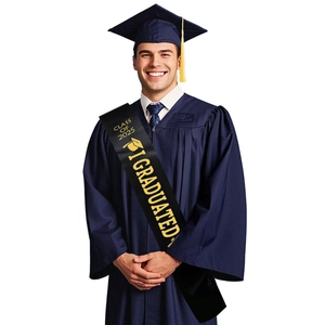 Class of 2025 black satin graduation sash with gold lettering on blue academic gown