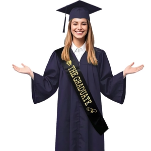 Navy blue graduation gown and cap set with black sash featuring golden The Graduate text