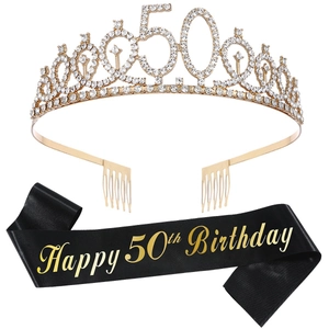 Set 50° Compleanno con Corona di Strass Dorata e Fascia Nera Happy 50th Birthday