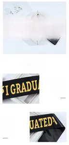 Detail of satin black graduation sash with golden silk screen print I GRADUATED 2025