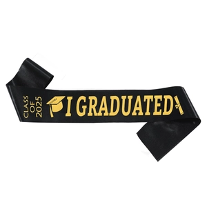 Class of 2025 Graduate Sash in Black Satin with Gold Lettering for Graduation Party