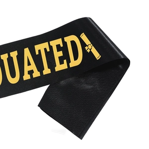 Black satin graduation sash with gold GRADUATED lettering and certificate icon for party