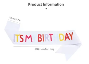 Detailed dimensions of the It's My Birthday glitter sash showing 160cm length and 9.5cm width
