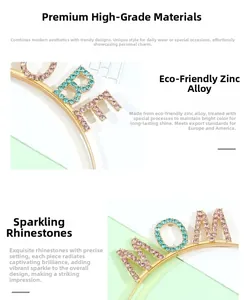 Détail du serre-tête MOM en alliage de zinc écologique avec strass roses et cyan