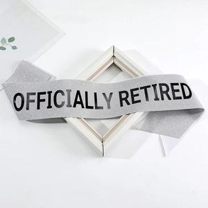 Silver glitter Officially Retired party sash with bold black lettering for celebration