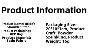 Detailed specifications table for Bride to Be satin sash with glitter powder finish