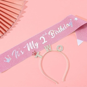 Süße Second Geburtstag Strass TWO Stirnband Und Rosa Glitzer Geburtstag Schärpe Set Für Kleinkinder Mädchen Party Dekorationen