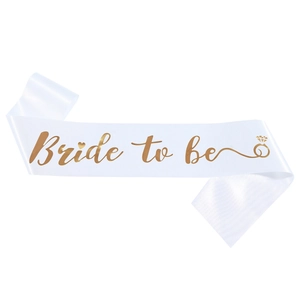 Elegant white satin Bride to be sash with gold foil lettering and ring icon for bridal showers