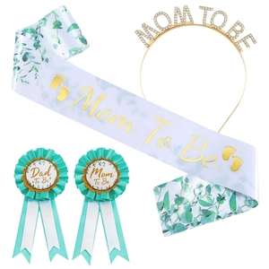Kit Baby Shower avec écharpe Mom To Be, couronne dorée et badges en vert et doré