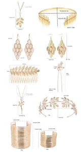 Tableau détaillé des tailles pour parure de mariée feuilles dorées avec bandeau et boucles