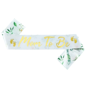 Weiße Mom To Be Schärpe mit Goldfolie und tropischen Blättern für Babypartys