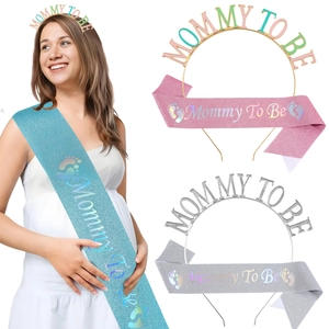 Mommy To Be party set including glitter sash and elegant metal headband tiara