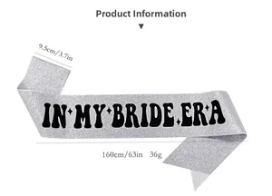 Detailed size chart for silver glitter In My Bride Era sash, 9.5cm width and 160cm length