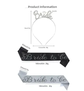 Detailed view of silver Bride headband and sashes with precise size measurements