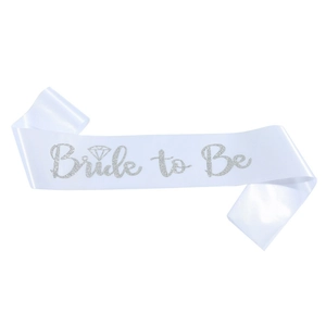 Sparkling white satin Bride to Be sash with silver glitter text and diamond detail