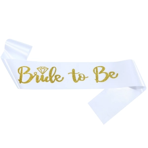 White satin Bride to Be sash with gold glitter lettering and diamond icon for weddings