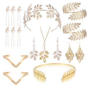 Parure de Bijoux de Mariée Baroque avec Feuilles d'Or et Künstliche Perles Serre-tête Collier Boucles d'Oreilles Bracelet pour Mariage Femme