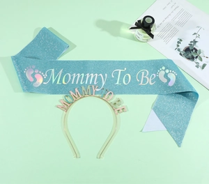 Blue glitter sash and golden Mummy To Be headband set for baby shower party decorations
