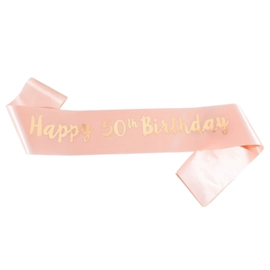Écharpe en satin rose avec lettrage doré Happy 50th Birthday pour décoration de fête