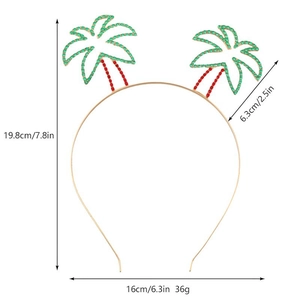 Detailed dimensions of a tropical coconut tree headband with green and red rhinestones