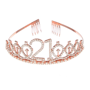 Rose gold 21st birthday crown headband with white rhinestones and secure hair combs