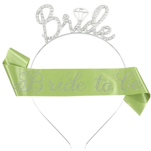 Detail of silver rhinestone Bride headband and green satin Bride to be sash set