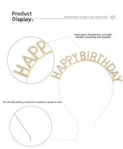 Détails du serre-tête Happy Birthday avec strass brillants et placage à l'or