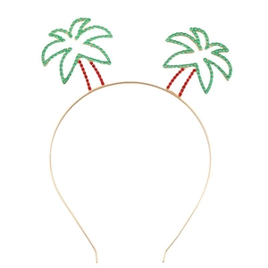 Golden tropical palm tree headband with sparkling red and green rhinestones for beach parties