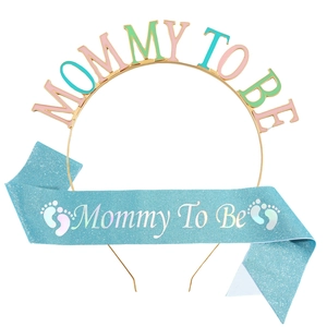 Colorful Mummy To Be headband and blue glitter sash set for baby shower parties
