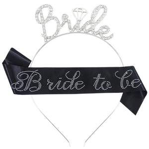 Silver Bride headband and black rhinestone Bride To Be sash bridal party accessory set