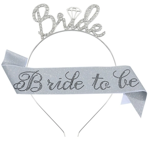 Elegant Bride to Be set including a rhinestone metal headband and silver glitter sash