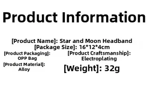 Detailed specs for celestial sun and moon headband with alloy plating and weight info