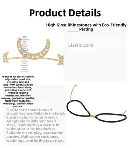 Detail of silver alloy headband with crystal stars and moon, plus elastic band view