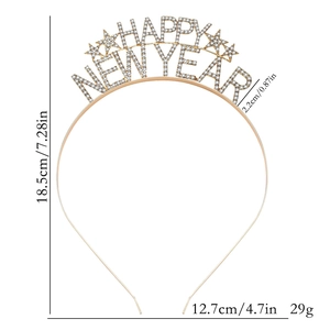 Detail of Happy New Year headband with rhinestone letters and dimensions of 18.5cm x 12.7cm
