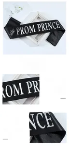 Detail of black satin Prom Prince sash with metallic gold crown and text engraving
