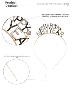 Detail view of sparkling rhinestones and gold plating on Happy New Year headband