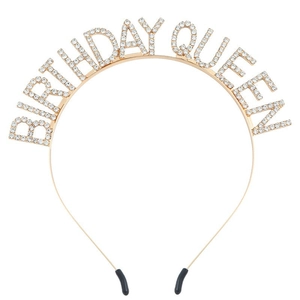 Golden Birthday Queen headband with white rhinestones for party celebrations