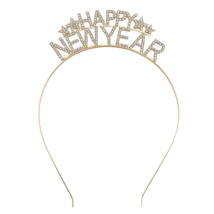 Golden Happy New Year headband with rhinestones and star details for party hair decor