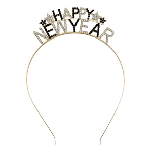 Golden Happy New Year headband with sparkling rhinestones and stars for party