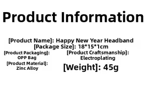 Detail specifications of zinc alloy New Year headband showing plated finish and dimensions