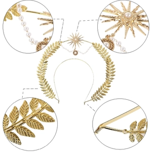 Detailed macro view of golden laurel leaf crown with starburst and pearl accents
