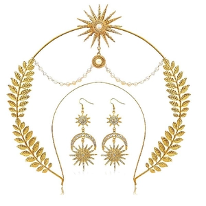 Gold baroque leaf crown and celestial sun earrings set with pearls and rhinestones